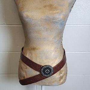 Brown Tooled Leather Belt with Coppery Metal Buckle With Rhinstones